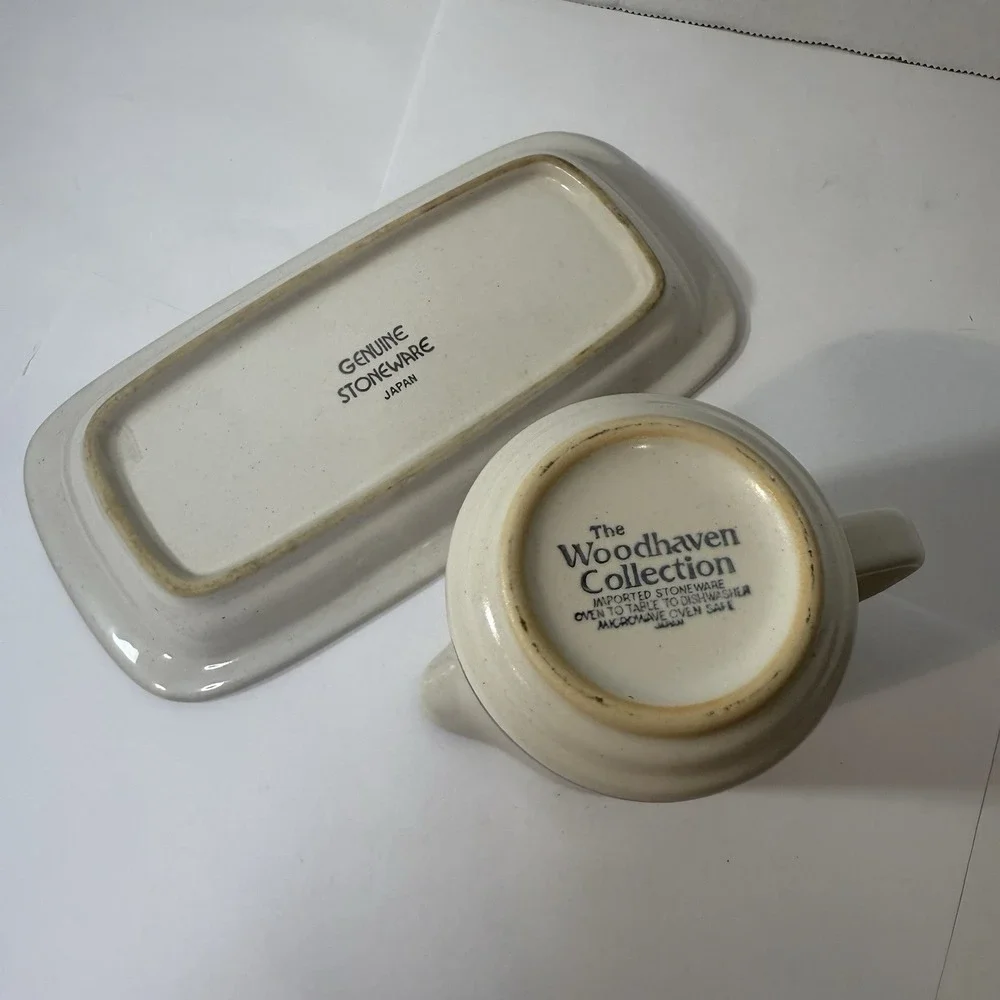 Sand Script Stoneware Butter Dish Base‎ & Creamer Brown Trim Japan Replacement